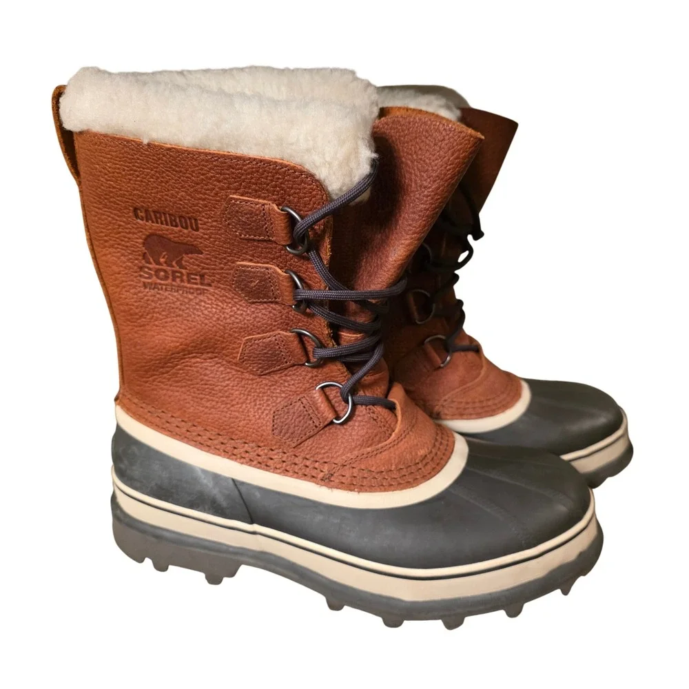 Sorel Caribou Mens‎ Waterproof Winter Snow Boots Brown Leather Fall Size 7.5